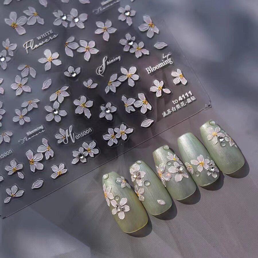 晶钻流苏白梨花美甲贴纸