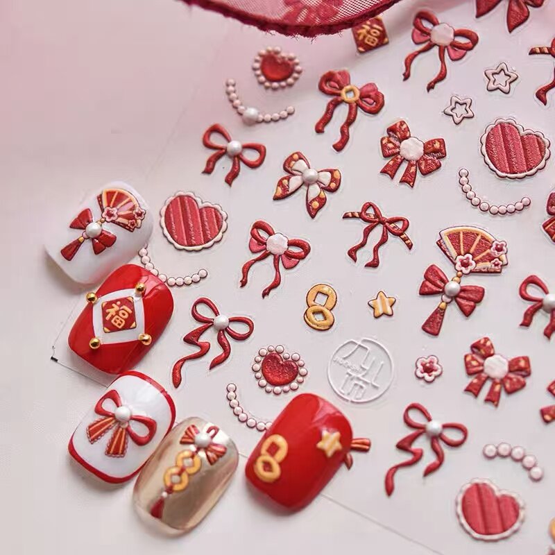 中式国风新年红福蝴蝶结美甲贴纸