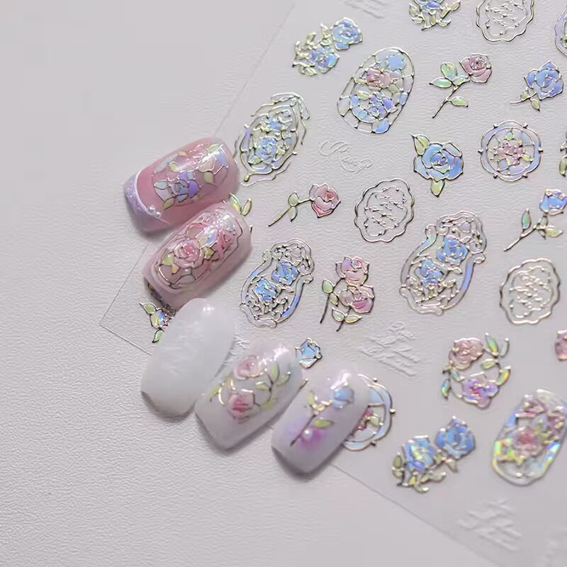 蓝色梦幻琉璃玫瑰花窗美甲贴纸