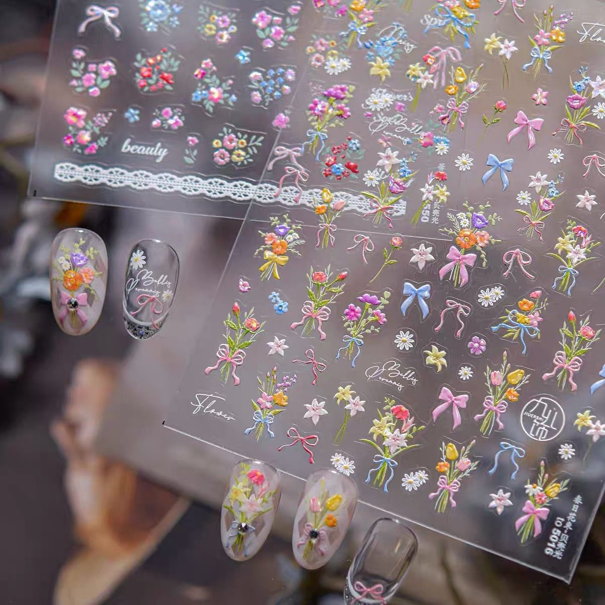 贝壳光春日花束蝴蝶结美甲贴纸田园风蕾丝小碎花背胶指甲贴装饰品