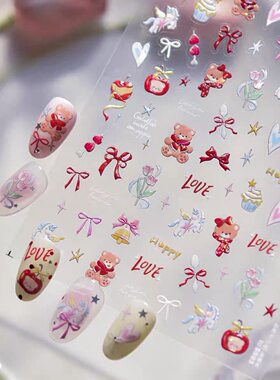 可爱红围巾小熊蝴蝶结美甲贴纸