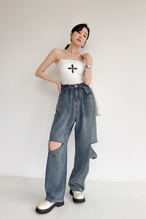 CM175 高个子破洞可调节休闲牛仔裤女夏薄款高腰垂感宽松百搭长裤