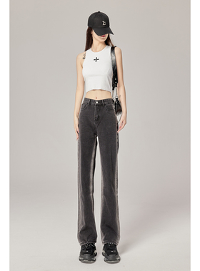 CM175 高个子2022黑灰色渐变牛仔裤显瘦女宽松设计感拖地直筒裤