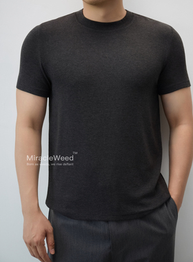 Miracleweed宽肩爆袖感澳洲羊毛混纺高弹力修身圆领打底短袖T恤