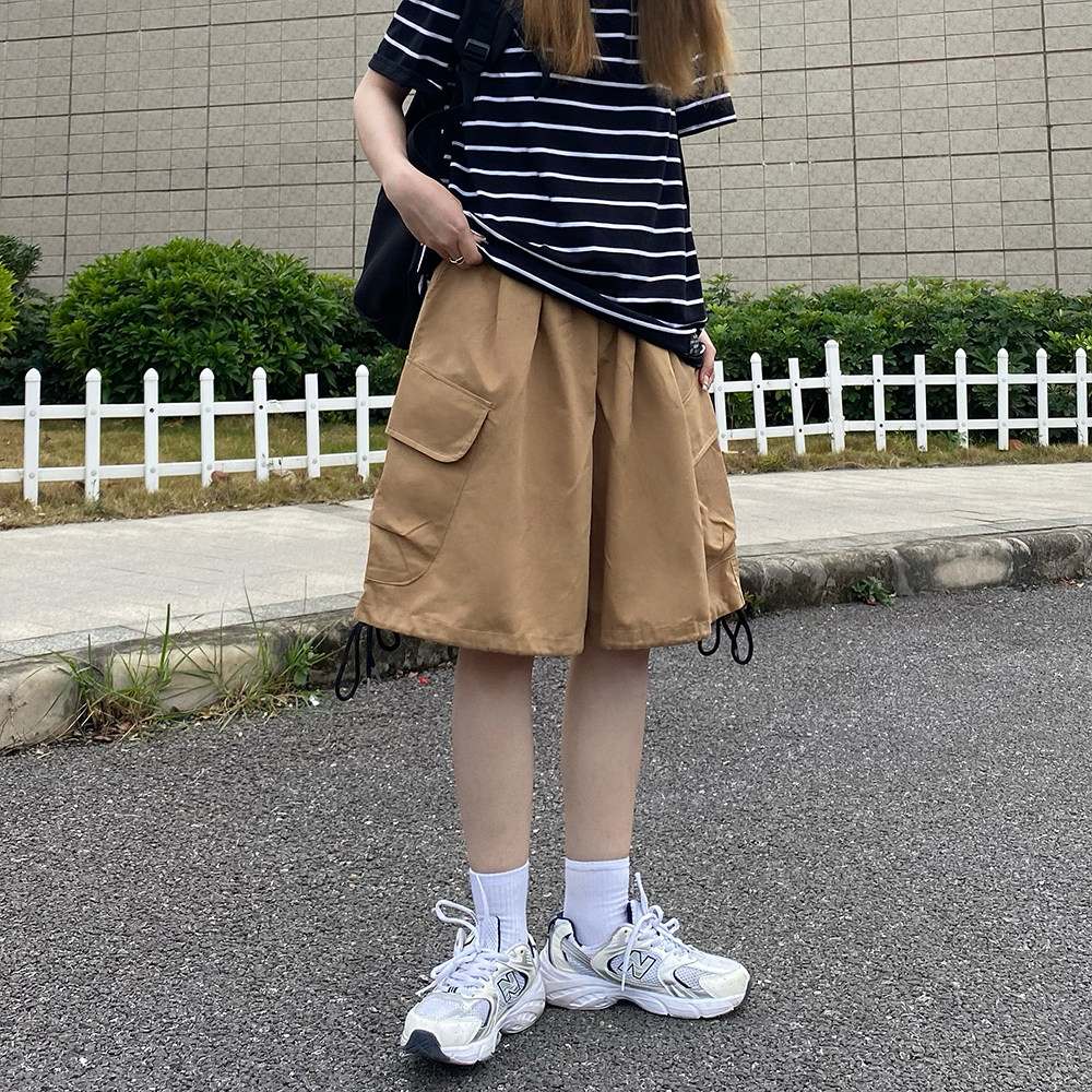 松紧腰韩版五分工装短裤男女阔腿