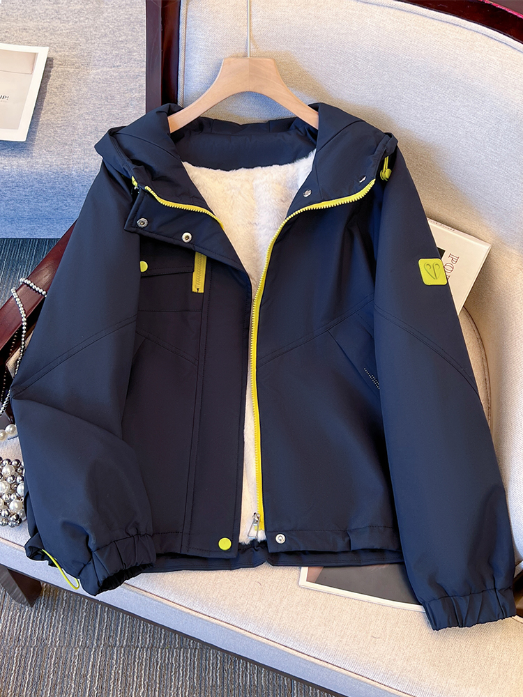 藏青色棉服派克服女款2025新款冬季巨好看的小个子加绒冲锋衣外套