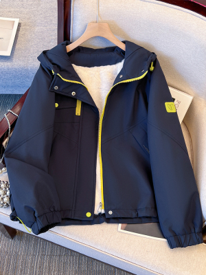 藏青色棉服派克服女款2025新款冬季巨好看的小个子加绒冲锋衣外套