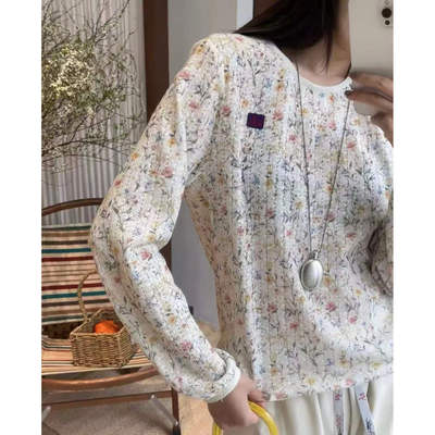 MCHIC| 原纱！针织蝴蝶花镂空小印花黄色~蓝色小花长袖针织上衣 