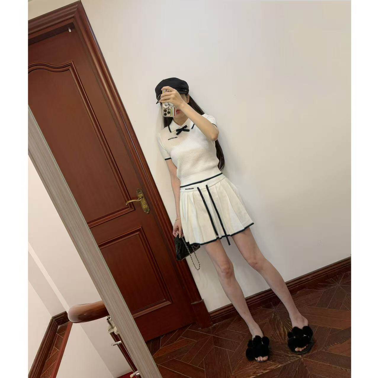 MCHIC | 超乖~设计师线 蝴蝶结针织polo衫+撞色拼接针织百褶半裙