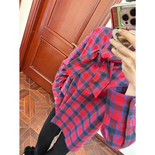 MCHIC 高圆圆同款 色织红蓝格纹飘带领结气质百搭宽松衬衫 原面料