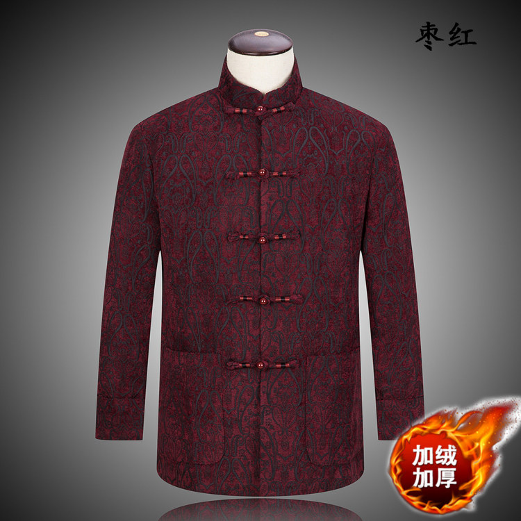 秋冬复古风老年红色刺绣唐装夹克爸爸装中式男士宽松大码加绒外套