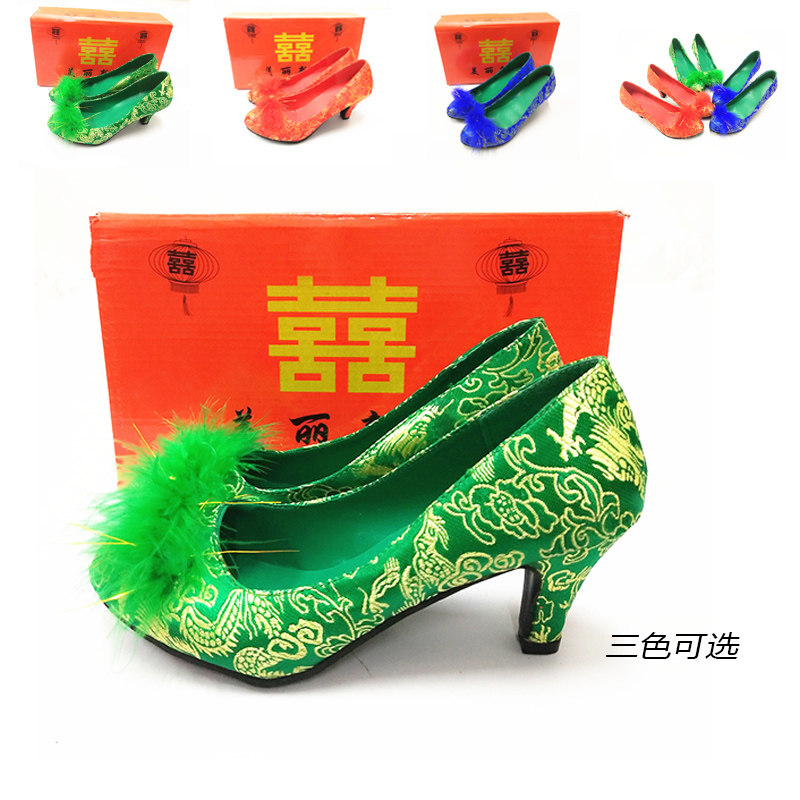 新款女中跟绿色婚鞋红色结婚上轿鞋敬酒孕妇伴娘上车鞋新娘鞋蓝色