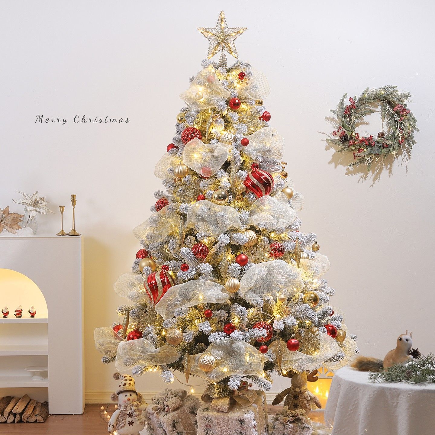 圣诞树落雪植绒装饰摆件