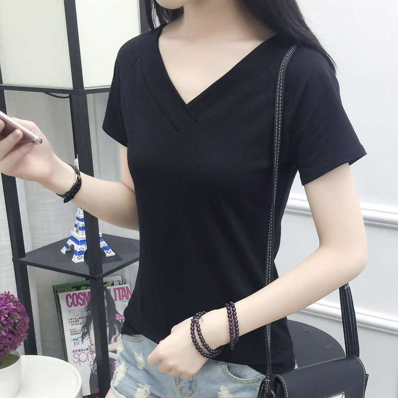 2019 summer Low collar Pure white T-shirt jacket Short sleeved pure cotton Self cultivation Show thin V-neck half sleeve T-shirt Base coatin the Women's clothing/Boutique , T-shirt  category - from Buy2taobao.com to provide professional Taobao agent buy service