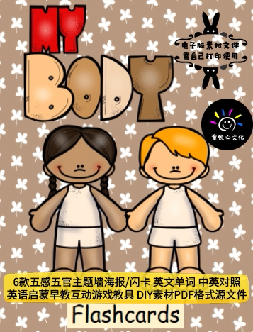 英语启蒙6款五感五官主题墙海报/闪卡英文单词中英对照素材源文件