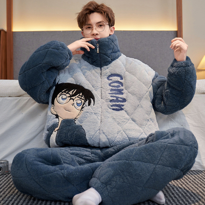 冬季加绒加厚男珊瑚绒睡衣套装