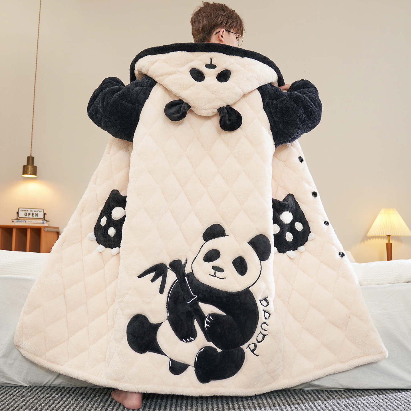 男士睡袍三层夹棉冬季加厚加绒