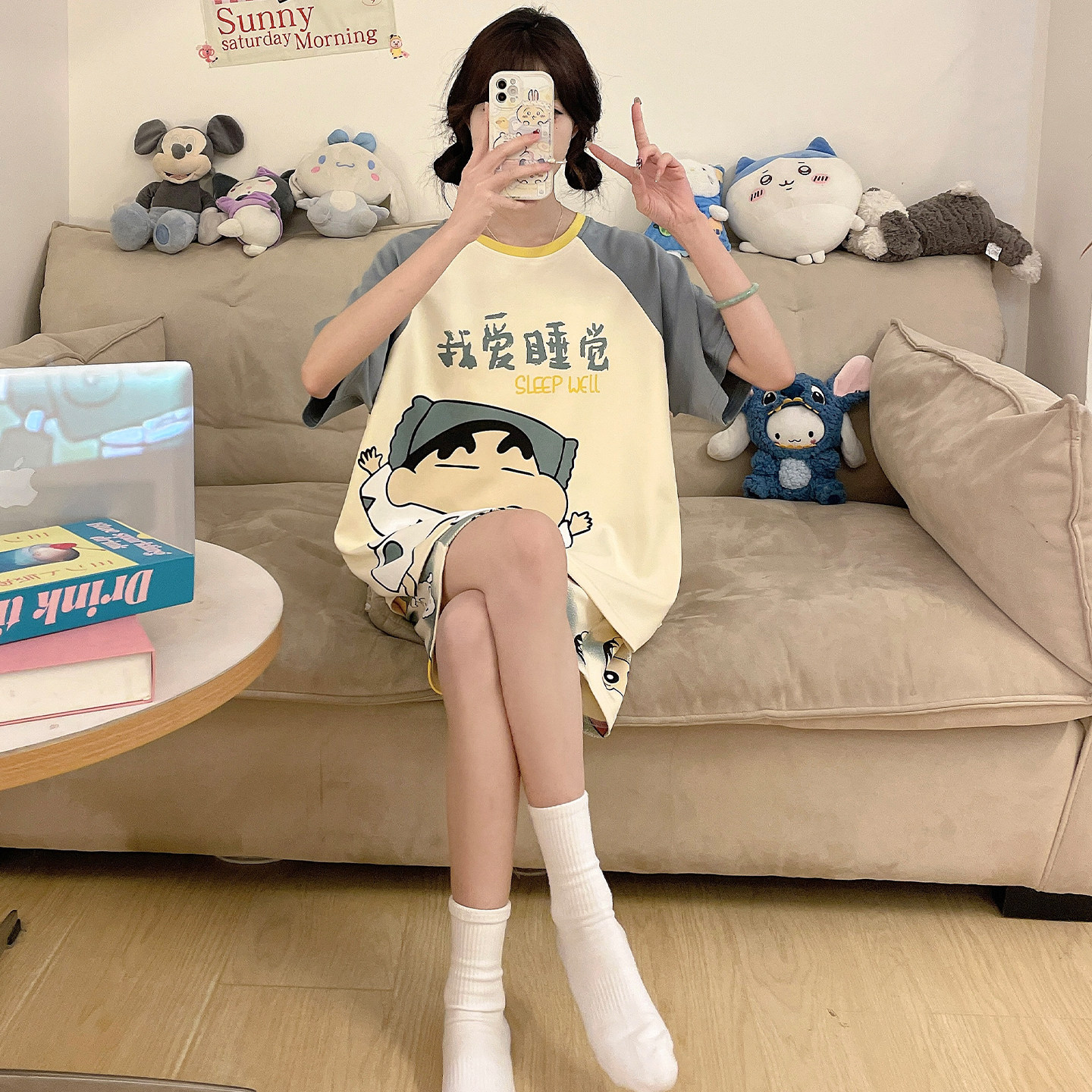 夏季纯棉短袖女睡衣套装大码图片