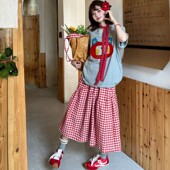 T恤设计感格子中长半身裙两件套 女趣味印花宽松短袖 休闲 运动套装