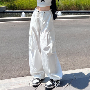 美式复古速干白色工装裤女款夏季阔腿宽松爵士跳舞jazz裤子小个子