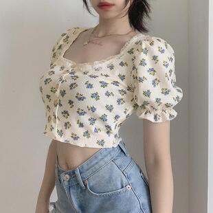 bm风碎花短款t恤女夏方领泡泡袖大码胖mm辣妹微胖女装上衣ins欧美