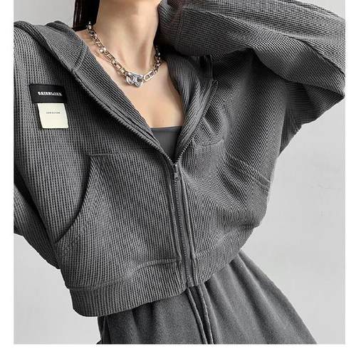 华夫格薄款连帽短款外套女