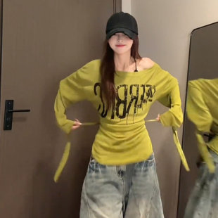 女夏季 T恤防晒罩衫 设计感收腰绑带上衣 覆古字母印花斜肩长袖 美式