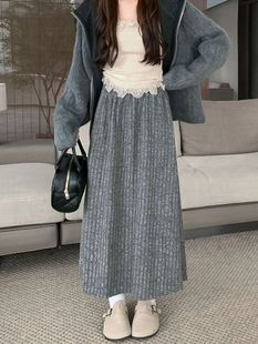 灰色中长裙子 半裙2023年新款 小个子加绒加厚a字半身裙女装 秋冬季