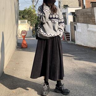 复古黑色a字半身裙女秋季 高腰伞裙 2021新款 灯芯绒显瘦百搭中长款