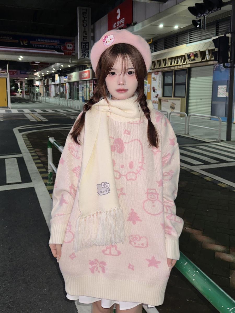 秋冬新款学院风卡通小猫提花毛衣外套女学生中长款韩版宽松针织衫