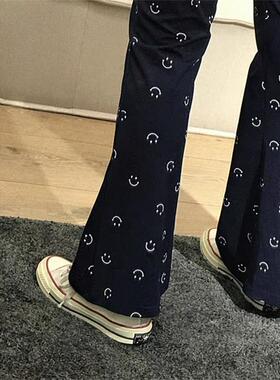 Minjiena 韩国小众设计蓝色笑脸喇叭裤运动休闲裤显瘦显腿长
