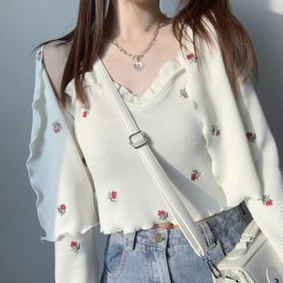 两件套 日系软妹刺绣荷叶边小吊带春季 新款 甜美少女宽松长袖 开衫