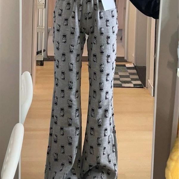 灰色卡通kt猫微喇运动裤女春秋2024新款高腰显瘦拖地休闲裤喇叭裤