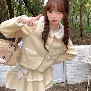 singsong奶黄芝士 黄色毛呢套装可爱娃娃领奶甜蛋糕裙冬季套装