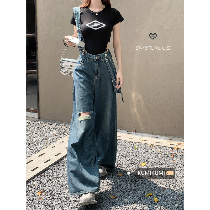 设计感小众背带裤女秋季破洞牛仔裤宽松阔腿裤拖地裤高腰直筒裤子
