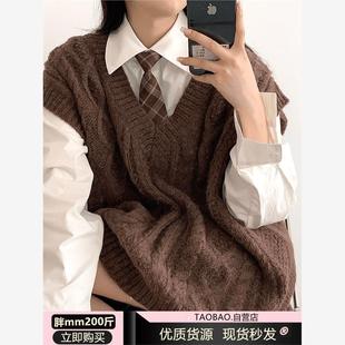 韩式 秋冬新款 宽松外套V领毛衣 100kg特大号棕色针织背心女式 胖mm