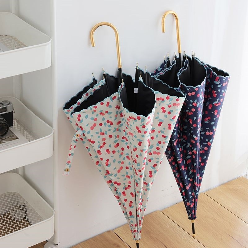 樱桃刺绣手动长柄伞轻巧便携女神直杆伞黑胶防紫外线太阳伞晴雨伞