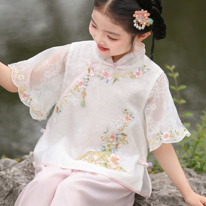 2025新款女童中国风短袖夏季儿童洋气刺绣汉服套装裙原创古风唐装