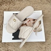 外贸原单轻奢高级感菱格一字拖鞋 休闲平底凉拖鞋 女夏季 外穿沙滩鞋