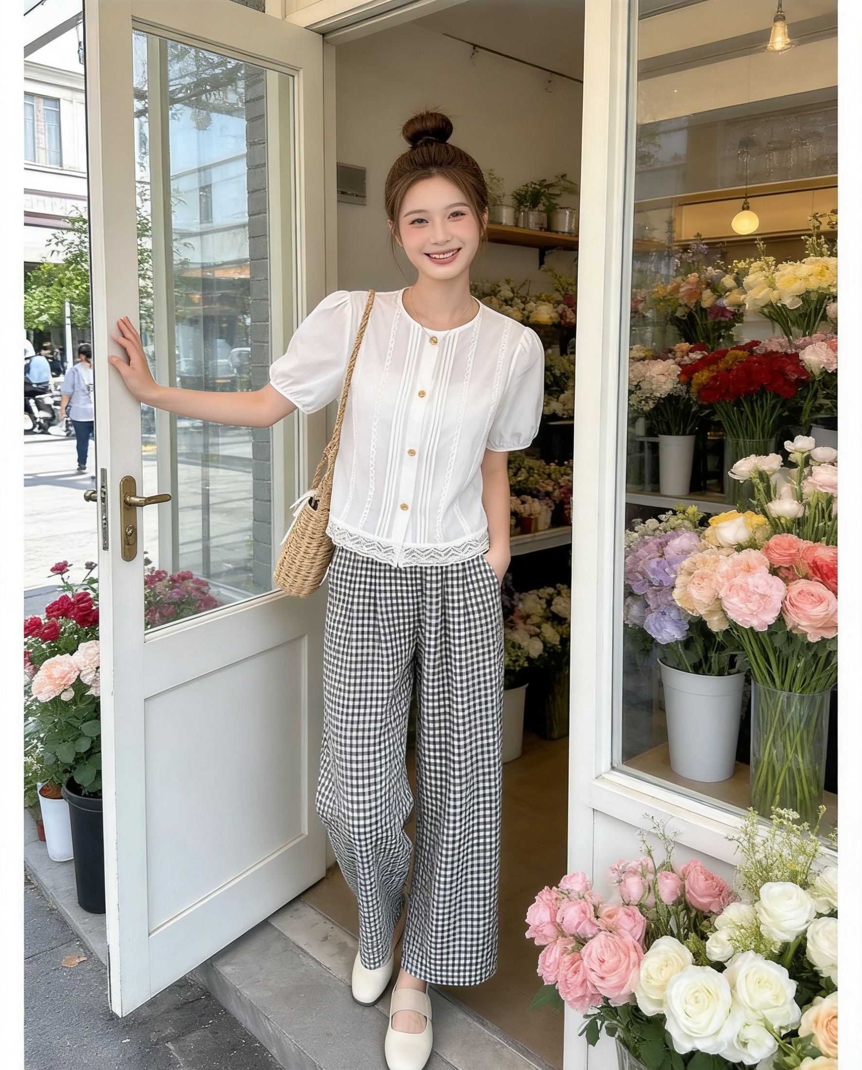 小慧小码xxs码小个子天丝棉格子阔腿裤女夏薄宽松显瘦八分休闲裤