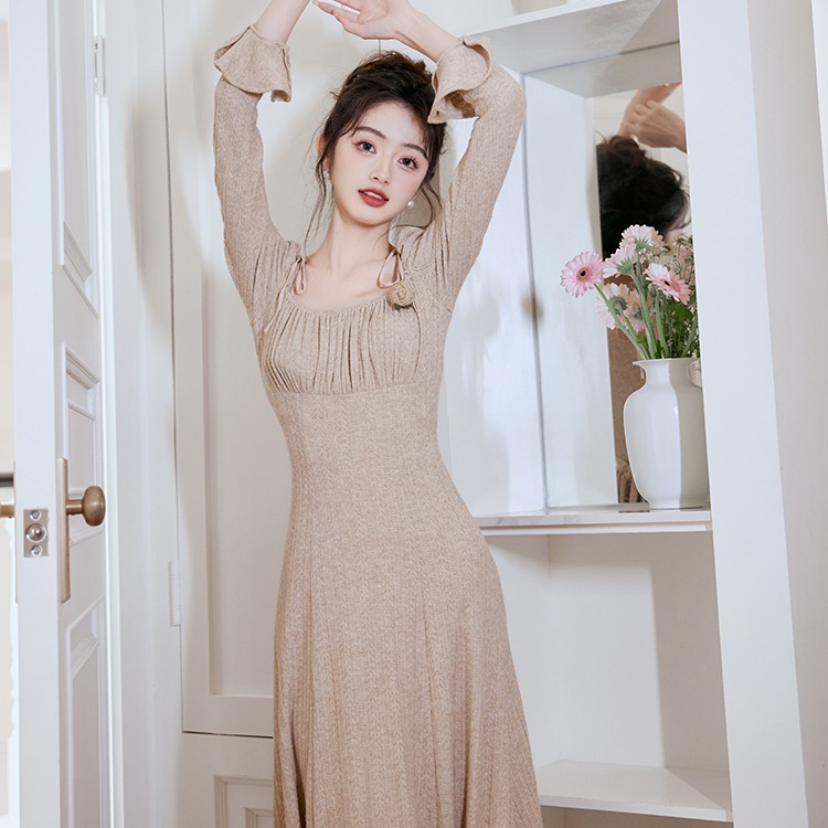 小慧姑娘XXS码小个子文艺复古针织法式连衣裙显高修身弹力中长裙
