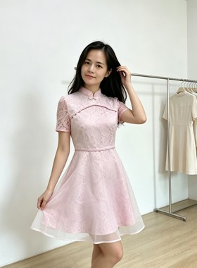 小慧小码xxs码xs码小个子新中式盘扣短裙修身蕾丝连衣裙夏装女装