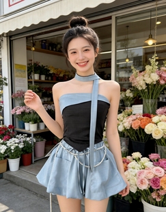 小慧小码xs码小个子显高不规则拼色挂脖抹胸背心性感辣妹短款套装