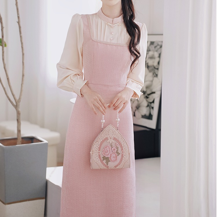 小慧姑娘XXS码小个子温柔粉裙显高修身显瘦中长裙气质连衣裙