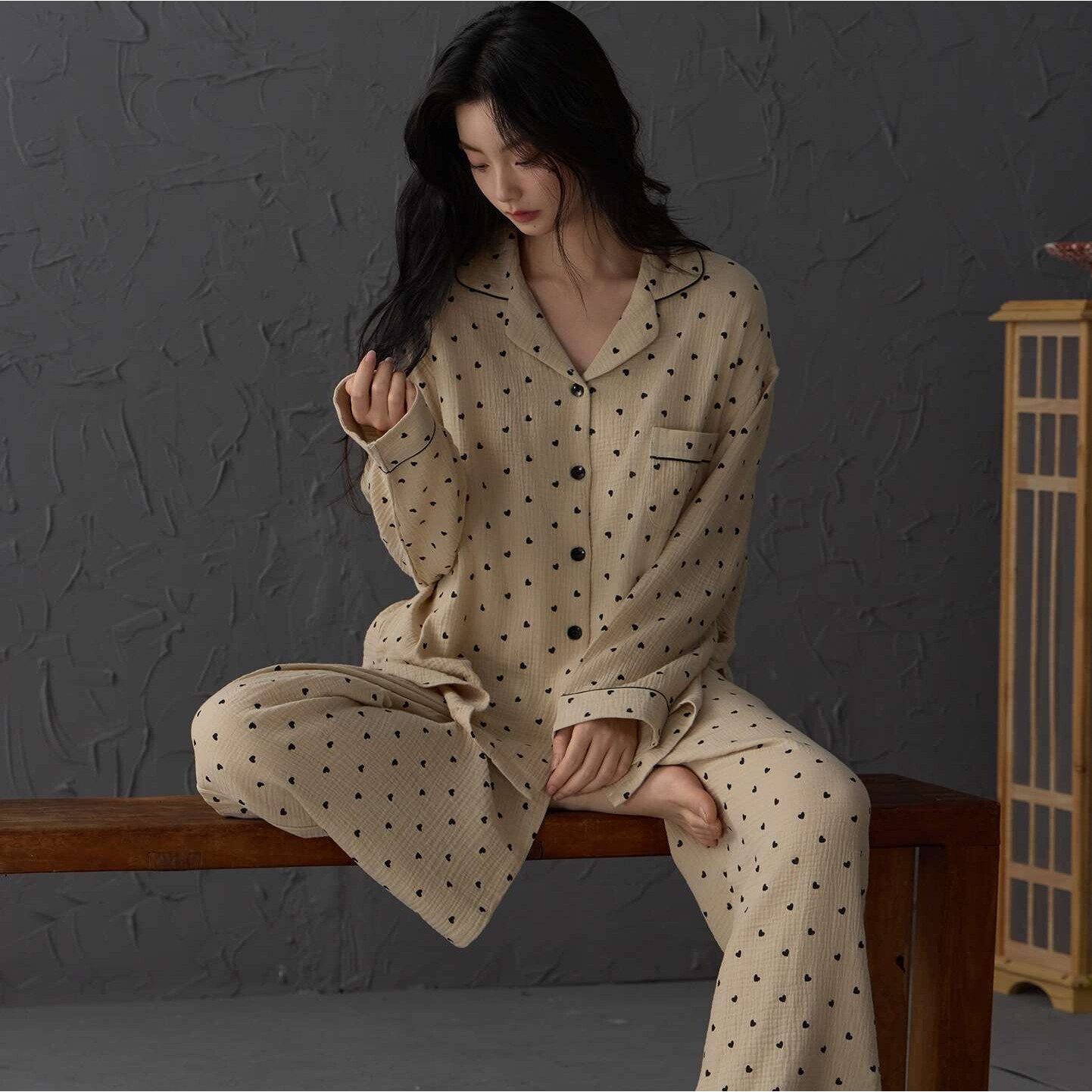 官方100%棉双层棉纱纯棉睡衣女士2026新款秋季夏天爱心家居服睡裤