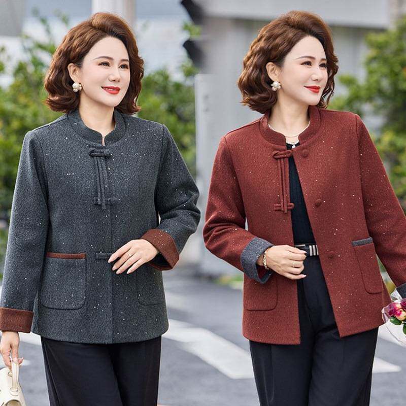 官方妈妈高级立领女装中式夹克感外套中老年春装洋气女上衣盘扣气