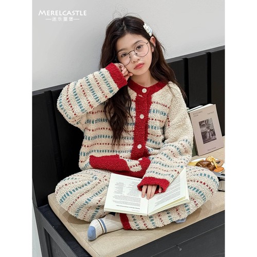 官方女童睡衣套装2025新款女孩儿童半边绒儿童大童珊瑚绒家居服厚