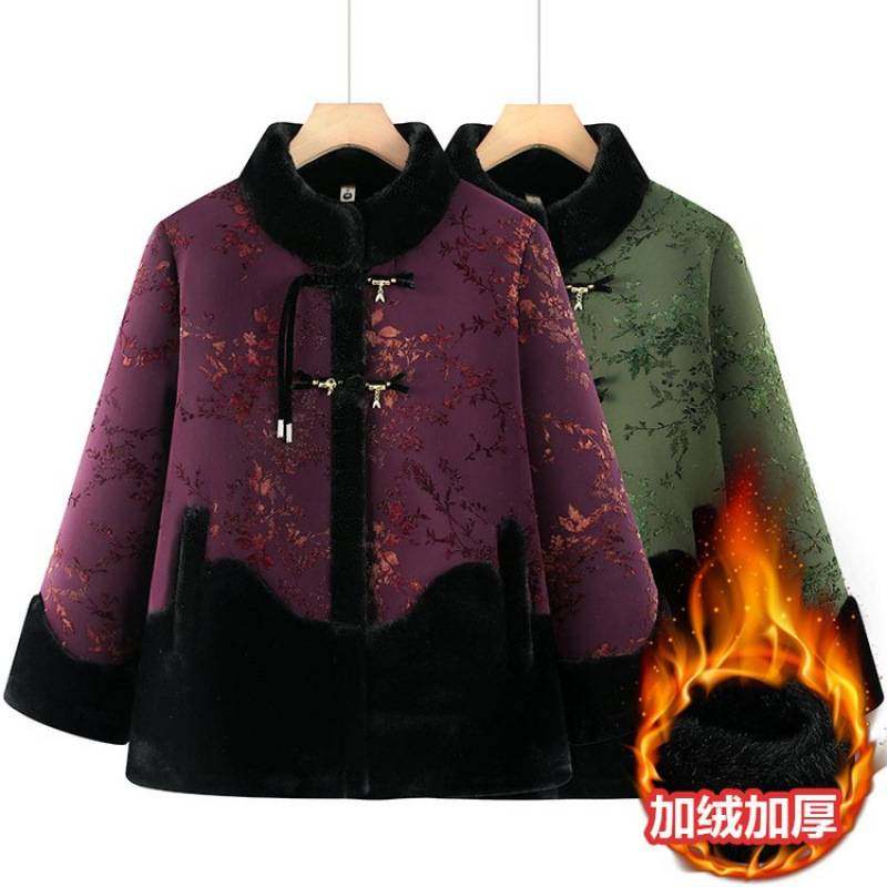 官方中老年女装冬季加厚加绒立领外套妈妈装保暖大码印花盘扣棉服