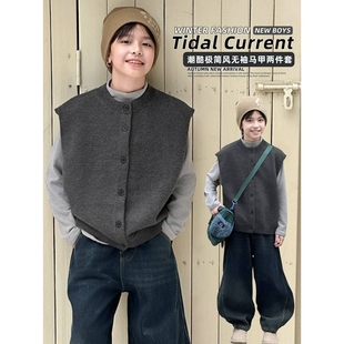 官方男童套装韩版2025新款复古圆领无袖马甲毛衣背心打底两件套