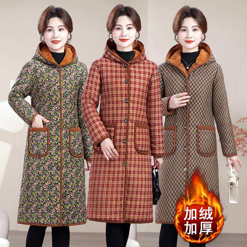 官方装女士复古碎花加绒加厚连帽棉衣妈妈冬装宽松显瘦中长款棉服